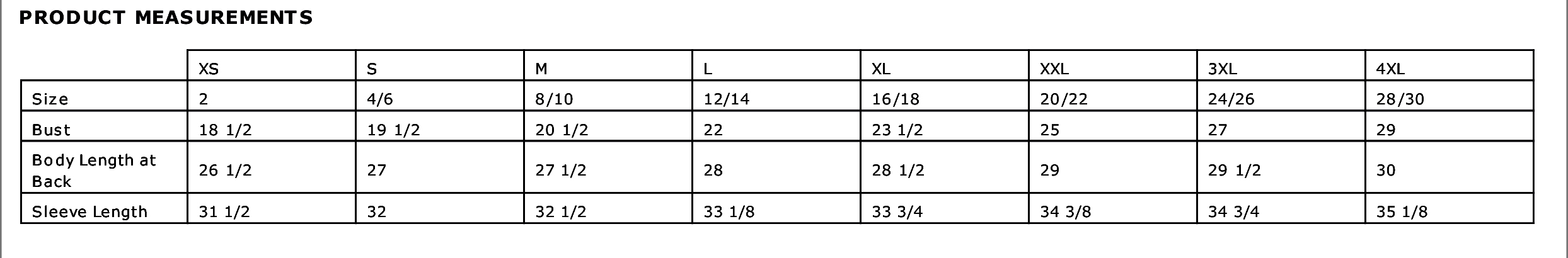 Women’s Long sleeve shirt / Tops size chart